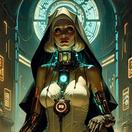 Prompt: An gloomy threatening 

pin-up nun 

in the middle of a doomed sinister wasteland full of neon circuitry  glowing in the darkness 

, a stunning Alphonse Mucha's masterpiece in <mymodel> sci-fi retro-futuristic  art deco artstyle by Anders Zorn and Joseph Christian Leyendecker

, neat and clear tangents full of negative space 

, ominous and  dramatic lighting with detailed shadows and highlights enhancing depth of perspective and 3D volumetric drawing

, a  vibrant and colorful high quality digital  painting in HDR