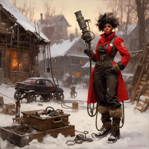 Prompt: A beautiful  <mymodel> portrait 

of Janelle Monae dressed as a mechanic tinkerer 

within a  snowy junkyard
full of hanging hoses and tools

, a stunning Donato Giancola's masterpiece by Anders Zorn and  Joseph Christian Leyendecker