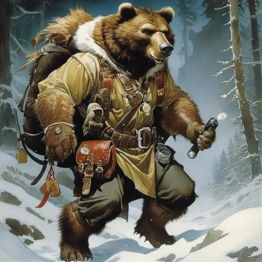 Prompt: A medieval anthropomorphic  werebear 

wearing an artic explorer outfit  with adventuring gear full of pockets and harness holster belts

in the middle  of a  snowstorm

, a stunning Alphonse Mucha's masterpiece in <mymodel> sci-fi fantasy  artstyle by Anders Zorn and Joseph Christian Leyendecker

, neat and clear tangents full of negative space 

, a dramatic lighting with detailed shadows and highlights enhancing depth of perspective and 3D volumetric drawing

, a  vibrant and colorful high quality digital  painting in HDR