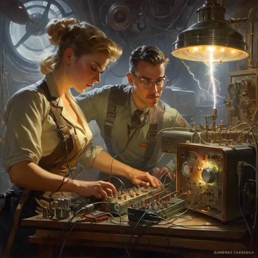 Prompt: The <mymodel> concept art 

of a muscly and curvy electrician engineer fixing an oscilloscope full of fuses and vintage radio valves with arcing lightnings on her misty and gloomy workshop


, a stunning Donato Giancola masterpiece in retro-futuristic dieselpunk artstyle by Anders Zorn and Joseph Christian Leyendecker 

, neat and clear tangents full of negative space 

, ominous dramatic lighting with macabre somber shadows and highlights enhancing depth of perspective and 3D volumetric drawing

, colorful vibrant painting in HDR with shiny shimmering reflections and intricate detailed ambient occlusion