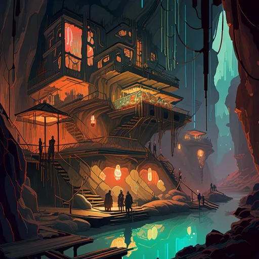 Prompt: An ominous and gloomy 

hamlet
in the  middle of a doomed cave

full of stalactites and stalagmites

full of hanging hoses and multicolored neon circuitry glowing in the  darkness

, a stunning Alphonse Mucha's masterpiece in <mymodel> sci-fi retro-futuristic  atompunk art deco vintage artstyle by Anders Zorn and Joseph Christian Leyendecker

, neat and clear tangents full of negative space 

, a dramatic lighting with detailed shadows and highlights enhancing depth of perspective and 3D volumetric drawing

, a  vibrant and colorful high quality digital  painting in HDR