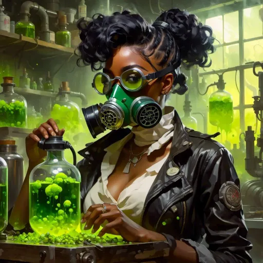 Prompt: A <mymodel> portrait of janelle monae as an apothecary alchemist wearing a gas mask with welder googles full of oozing toxic slime

, a stunning Donato Giancola masterpiece in post-apocalyptic sci-fi dieselpunk artstyle by Anders Zorn and Joseph Christian Leyendecker 

, neat and clear tangents full of negative space 

, ominous dramatic lighting with detailed shadows and highlights enhancing depth of perspective and 3D volumetric drawing

, colorful vibrant painting in HDR with shiny shimmering reflections