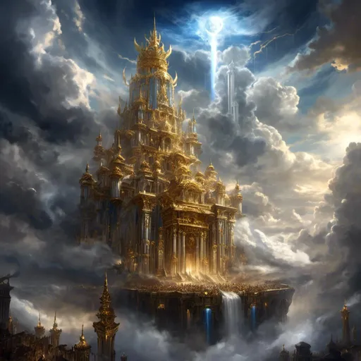 Prompt: A <mymodel> a concept environment art landscape 

of a gloomy and somber 
sky kingdom floating above the clouds  

with a lustrous towering divine monolith ark made of white and blue marble full of golden ornaments 

with it's reflections shedding flaring volumetric light shafts throughout the darkness 

of threatening sinister tempestuous sky

engulfed by a lightning rainstorm

, a stunning Alphonse  Mucha masterpiece in vintage art deco brutalism artstyle by Anders Zorn and Joseph Christian Leyendecker 

, neat and clear tangents full of negative space 

, ominous dramatic lighting with macabre somber shadows and highlights enhancing depth of perspective and 3D volumetric drawing

, colorful vibrant painting in HDR with shiny shimmering reflections and detailed contrasting ambient occlusion