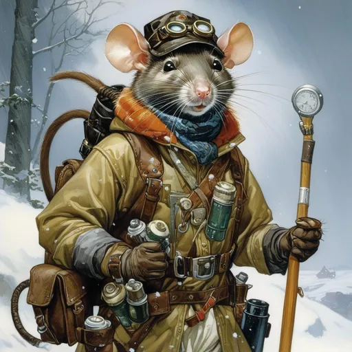 Prompt: A medieval anthropomorphic  

rat

tinkerer artificer

wearing an artic explorer outfit  with adventuring gear full of pockets and harness holster belts

in the middle  of a  snowstorm

, a stunning Alphonse Mucha's masterpiece in <mymodel> sci-fi fantasy  artstyle by Anders Zorn and Joseph Christian Leyendecker

, neat and clear tangents full of negative space 

, a dramatic lighting with detailed shadows and highlights enhancing depth of perspective and 3D volumetric drawing

, a  vibrant and colorful high quality digital  painting in HDR