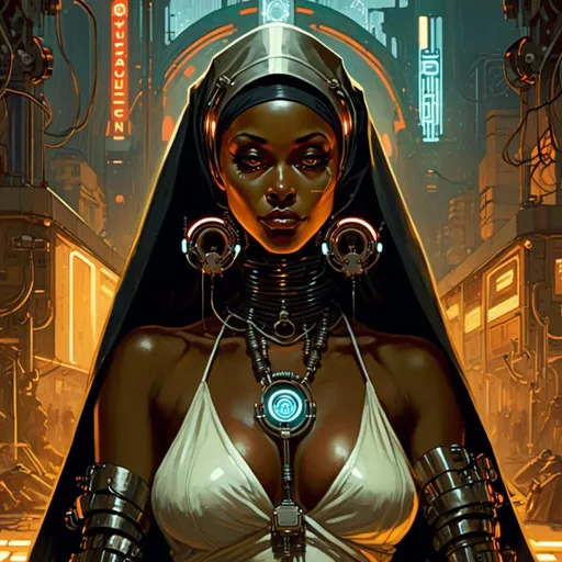 Prompt: An gloomy threatening 

african pin-up nun 

in the middle of a doomed sinister wasteland full of neon circuitry  glowing in the darkness 

, a stunning Alphonse Mucha's masterpiece in <mymodel> sci-fi retro-futuristic  art deco artstyle by Anders Zorn and Joseph Christian Leyendecker

, neat and clear tangents full of negative space 

, ominous and  dramatic lighting with detailed shadows and highlights enhancing depth of perspective and 3D volumetric drawing

, a  vibrant and colorful high quality digital  painting in HDR