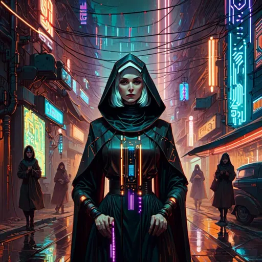 Prompt: A <mymodel> landscape artwork of a witch hunter nun 

 in the middle  
of a gloomy alley

full of multicolored neon circuit board patterns glowing in the darkness

, a stunning Alphonse Mucha's masterpiece in  sci-fi retro-futuristic art deco artstyle by Anders Zorn and Joseph Christian Leyendecker

, neat and clear tangents full of negative space 

, ominous dramatic lighting with detailed shadows and highlights enhancing depth of perspective and 3D volumetric drawing

, a  vibrant and colorful high quality digital  painting in HDR