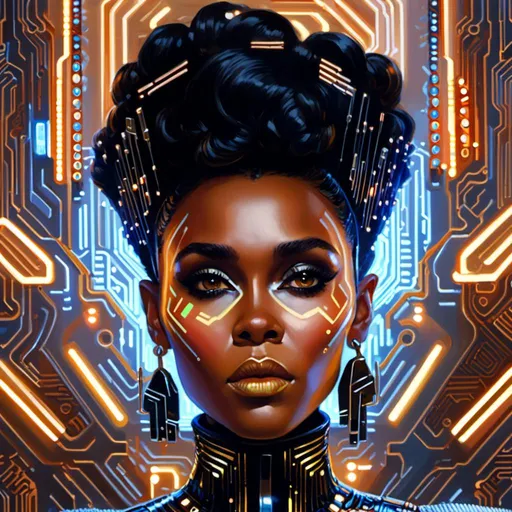Prompt: A close-up face portrait of Janelle Monae with her  face  fully  carved by multicolored glowing circuitry 

, a stunning Donato  Giancola masterpiece in <mymodel> retro-futuristic sci-fi art deco artstyle by Anders Zorn and Joseph Christian Leyendecker 

, neat and clear tangents full of negative space 

, ominous dramatic lighting with detailed shadows and highlights enhancing depth of perspective and 3D volumetric drawing

, colorful vibrant painting in HDR with shiny shimmering reflections