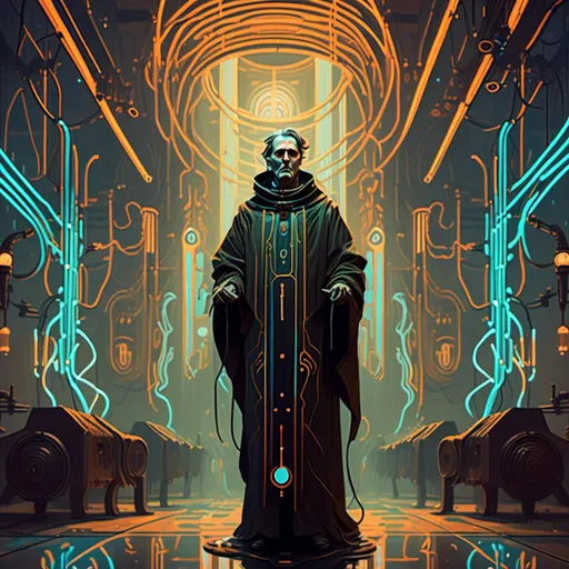 Prompt: An ominous and gloomy 

Priest 
in the  middle of a doomed asylum

full of hanging hoses and multicolored neon circuitry glowing in the  darkness

, a stunning Alphonse Mucha's masterpiece in <mymodel> sci-fi retro-futuristic  atompunk art deco artstyle by Anders Zorn and Joseph Christian Leyendecker

, neat and clear tangents full of negative space 

, a dramatic lighting with detailed shadows and highlights enhancing depth of perspective and 3D volumetric drawing

, a  vibrant and colorful high quality digital  painting in HDR