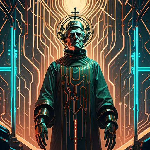 Prompt: An ominous and gloomy 

Priest 
in the  middle of a doomed asylum

full of hanging hoses and multicolored neon circuitry glowing in the  darkness

, a stunning Alphonse Mucha's masterpiece in <mymodel> sci-fi retro-futuristic  art deco artstyle by Anders Zorn and Joseph Christian Leyendecker

, neat and clear tangents full of negative space 

, a dramatic lighting with detailed shadows and highlights enhancing depth of perspective and 3D volumetric drawing

, a  vibrant and colorful high quality digital  painting in HDR