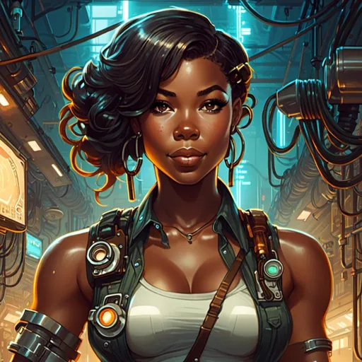 Prompt: A <mymodel> portrait artwork of 

Gabrielle Union

as a muscly stompunk mechanic pin-up 

in the middle of a gloomy jukyard 

full of hanging hoses and multicolored circuit board patterns  glowing in the  darkness 


, a stunning Alphonse Mucha's masterpiece in  sci-fi retro-futuristic art deco artstyle by Anders Zorn and Joseph Christian Leyendecker

, neat and clear tangents full of negative space 

, ominous dramatic lighting with detailed shadows and highlights enhancing depth of perspective and 3D volumetric drawing

, a  vibrant and colorful high quality digital  painting in HDR