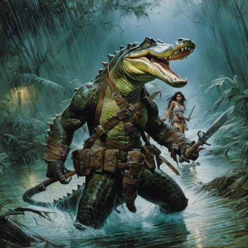 Prompt: The  <mymodel> portrait

of  threatening fierceful 
anthropomorphic alligator 
ranger crossing a gloomy flooded mangroove in  the middle  of a  rainstorm

, a stunning Frank Frazetta masterpiece by  Donato  Giancola  and  Terese Nielsen

, neat and clean composition made of neat and clear tangents full of negative space 

, ominous dramatic lighting with detailed shadows and highlights enhancing depth of perspective and 3D volumetric drawing

, a vibrant and colorful painting in HDR