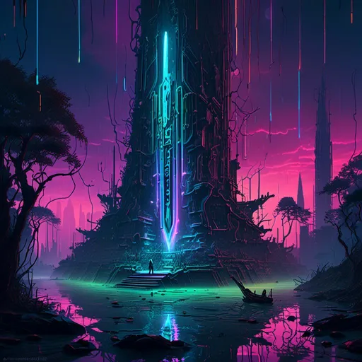 Prompt: An ominous and towering obelisk floating in the middle of a gloomy flooded mangroove 

full  of multicolored neon circuitry glowing in the darkness 

, a stunning John Avon's masterpiece in <mymodel>  sci-fi cyberpunk artstyle by Brian Mashburn and Gustave Dore

, a  dramatic lighting with detailed shadows and highlights enhancing perspective depth  and 3D volumetric drawing 

, vibrant and colorful digital painting in HDR  