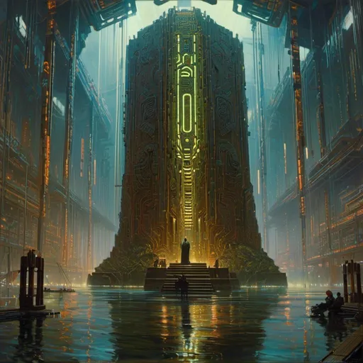 Prompt: A threatening towering monolith 
in the middle of a gloomy flooded mangroove with multicolored circuitry carvings shinning in the darkness 

, a stunning Donato Giancola masterpiece in <mymodel> retro-futuristic sci-fi arc deco artstyle by Anders Zorn and Joseph Christian Leyendecker 

, neat and clear tangents full of negative space 

, ominous dramatic lighting with detailed shadows and highlights enhancing depth of perspective and 3D volumetric drawing

, colorful vibrant painting in HDR with shiny shimmering reflections  and precise ambient occlusion