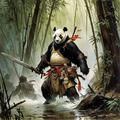 Prompt: A <mymodel> full body portrait for the concept character design of 

a threatening fierceful 
anthropomorphic 

panda 

as a muscly martial arts monk  

crossing a gloomy 

flooded bamboo forest  

 in  the middle  of a  rainstorm

, a stunning Frank Frazetta masterpiece by  Donato  Giancola  and  Terese Nielsen

, neat and clean composition made of neat and clear tangents full of negative space 

, ominous dramatic lighting with detailed shadows and highlights enhancing depth of perspective and 3D volumetric drawing

, a vibrant and colorful painting in HDR