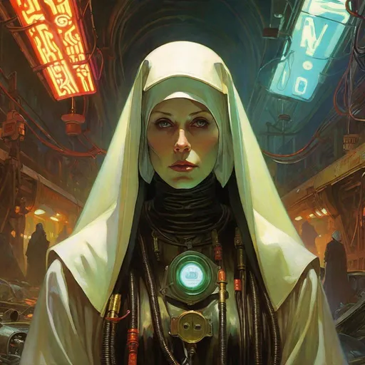 Prompt: An ominous and gloomy 

Nun 
in the  middle of a doomed junkyard

full of hanging hoses and multicolored neon circuitry glowing in the  darkness

, a stunning Alphonse Mucha's masterpiece in <mymodel> sci-fi retro-futuristic  art deco artstyle by Anders Zorn and Joseph Christian Leyendecker

, neat and clear tangents full of negative space 

, a dramatic lighting with detailed shadows and highlights enhancing depth of perspective and 3D volumetric drawing

, a  vibrant and colorful high quality digital  painting in HDR