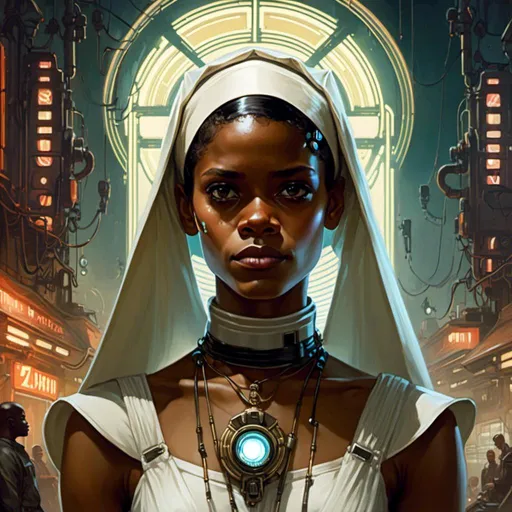 Prompt: A beautiful <mymodel>  portrait of 
the gloomy threatening 
Letitia Wright

as an african pin-up nun 

in the middle of a doomed sinister wasteland full of neon circuitry  glowing in the darkness 

, a stunning Alphonse  Mucha's masterpiece in vintage retro-futuristic art deco artstyle by Anders Zorn and Joseph Christian Leyendecker

, neat and clear tangents full of negative space 

, ominous dramatic lighting with detailed shadows and highlights enhancing depth of perspective and 3D volumetric drawing

, a  vibrant and colorful high quality digital  painting in HDR