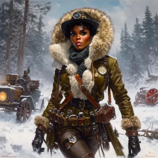 Prompt: A portrait of  Janelle Monae as an atompunk  artic explorer full of snowflakes  in  the middle of  a battlefield with a  heavy snowstorm 

, a stunning Donato Giancola's masterpiece in <mymodel> Dieselpunk artstyle by Anders Zorn and Joseph Christian Leyendecker

, neat and clear tangents full of negative space 

, a dramatic lighting with detailed shadows and highlights enhancing depth of perspective and 3D volumetric drawing

, a  vibrant and colorful high quality digital  painting in HDR