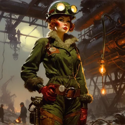 Prompt: An ominous and gloomy 

atompunk mechanic pin-up
with her blowtorch
glowing in the darkness 

of a doomed junkyard full of hanging hoses and cables

, a stunning Donato Giancola's masterpiece in <mymodel> sci-fi retro-futuristic  art deco artstyle by Anders Zorn and Joseph Christian Leyendecker

, neat and clear tangents full of negative space 

, a dramatic lighting with detailed shadows and highlights enhancing depth of perspective and 3D volumetric drawing

, a  vibrant and colorful high quality digital  painting in HDR