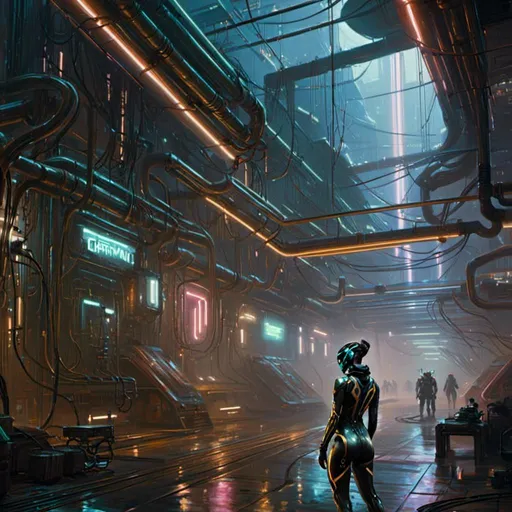 Prompt: A <mymodel> landscape artwork of a threatening  and somber warframe

crossing a gloomy facility

full of hanging hoses and multicolored neon circuit board patterns glowing in the darkness

, a stunning Donato Giancola's masterpiece in  sci-fi retro-futuristic art deco artstyle by Anders Zorn and Joseph Christian Leyendecker

, neat and clear tangents full of negative space 

, ominous dramatic lighting with detailed shadows and highlights enhancing depth of perspective and 3D volumetric drawing

, a  vibrant and colorful high quality digital  painting in HDR