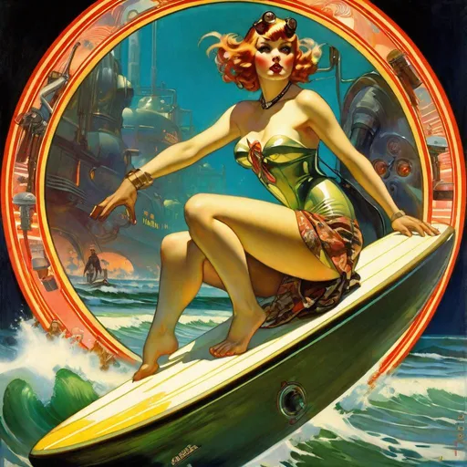 Prompt: An ominous and gloomy 

Atompunk pin-up surfing 
in the  middle of a doomed seashore

full of scattered hoses and multicolored neon circuitry glowing in the  darkness

, a stunning Alphonse Mucha's masterpiece in <mymodel> sci-fi retro-futuristic  art deco artstyle by Anders Zorn and Joseph Christian Leyendecker

, neat and clear tangents full of negative space 

, a dramatic lighting with detailed shadows and highlights enhancing depth of perspective and 3D volumetric drawing

, a  vibrant and colorful high quality digital  painting in HDR