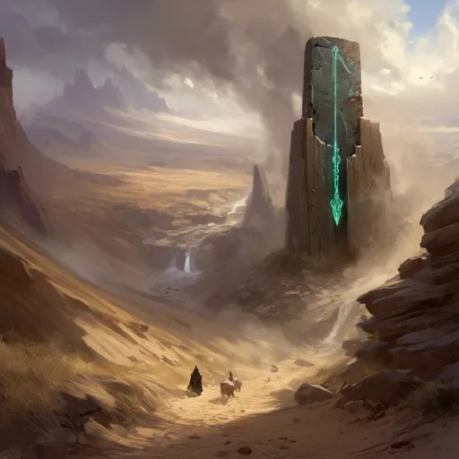 Prompt: A <mymodel> a concept environment art landscape 

of a gloomy and somber 
canyon 

with a towering magical arcane monolith ark full of carved glowing runes and glyphs

shedding flaring volumetric light shafts throughout the darkness 

of threatening sinister wasteland dunes engulfed by a heavy sandstorm hurricane

, a stunning Alphonse  Mucha masterpiece in fantasy nouveau artstyle by Anders Zorn and Joseph Christian Leyendecker 

, neat and clear tangents full of negative space 

, ominous dramatic lighting with macabre somber shadows and highlights enhancing depth of perspective and 3D volumetric drawing

, colorful vibrant painting in HDR with shiny shimmering reflections and intricate detailed ambient occlusion