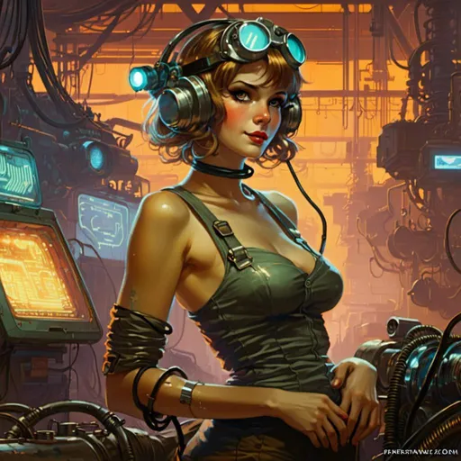 Prompt: A <mymodel> landscape artwork of an ominous and gloomy 

pin-up dressed  as a  mechanic welder in the middle  
of a doomed junkyard

full of hanging hoses and  multicolored neon circuit board patterns glowing in the darkness

, a stunning Alphonse Mucha's masterpiece in  sci-fi retro-futuristic art deco artstyle by Anders Zorn and Joseph Christian Leyendecker

, neat and clear tangents full of negative space 

, a dramatic lighting with detailed shadows and highlights enhancing depth of perspective and 3D volumetric drawing

, a  vibrant and colorful high quality digital  painting in HDR