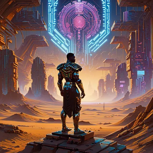 Prompt: A <mymodel> landscape artwork of a threatening  and somber african paladin

 in the middle  
of a doomed desert

full of multicolored neon circuit board patterns glowing in the darkness

, a stunning Donato Giancola's masterpiece in  sci-fi retro-futuristic art deco artstyle by Anders Zorn and Joseph Christian Leyendecker

, neat and clear tangents full of negative space 

, ominous dramatic lighting with detailed shadows and highlights enhancing depth of perspective and 3D volumetric drawing

, a  vibrant and colorful high quality digital  painting in HDR