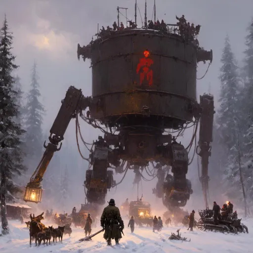 Prompt: An ominous and gloomy 

towering mecanical monolith

in the middle of 
a doomed snowy thundra 

full of scattered hoses 
and lamps glowing in the darkness 

, a stunning Jakub Rozalski's masterpiece in <mymodel> sci-fi retro-futuristic  dieselpink artstyle by Anders Zorn and Joseph Christian Leyendecker

, neat and clear tangents full of negative space 

, a dramatic lighting with detailed shadows and highlights enhancing depth of perspective and 3D volumetric drawing

, a  vibrant and colorful high quality digital  painting in HDR