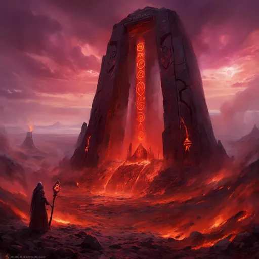 Prompt: A <mymodel> a concept environment art landscape 

of a gloomy and somber 
charred lava field

with a towering magical arcane monolith ark full of carved glowing runes and glyphs

shedding flaring volumetric light shafts throughout the darkness 

of a threatening sinister vulcanic wasteland engulfed by smoggy wildfire carbon clouds

, a stunning Alphonse  Mucha masterpiece in fantasy nouveau artstyle by Anders Zorn and Joseph Christian Leyendecker 

, neat and clear tangents full of negative space 

, ominous dramatic lighting with macabre somber shadows and highlights enhancing depth of perspective and 3D volumetric drawing

, colorful vibrant painting in HDR with shiny shimmering reflections and intricate detailed ambient occlusion