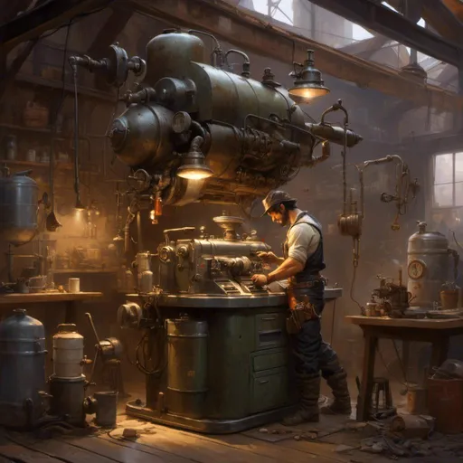 Prompt: A <mymodel> concept art landscape

of a cute curvy and muscly mechanic tinkerer artificer pin-up fixing a coffee machine in the middle of her goomy and dark industrial garage

, a stunning alejandro burdisio masterpiece in post-apocalyptic sci-fi dieselpunk artstyle by Anders Zorn and Joseph Christian Leyendecker 

, neat and clear tangents full of negative space 

, ominous dramatic lighting with detailed shadows and highlights enhancing depth of perspective and 3D volumetric drawing

, colorful vibrant painting in HDR with shiny shimmering reflections