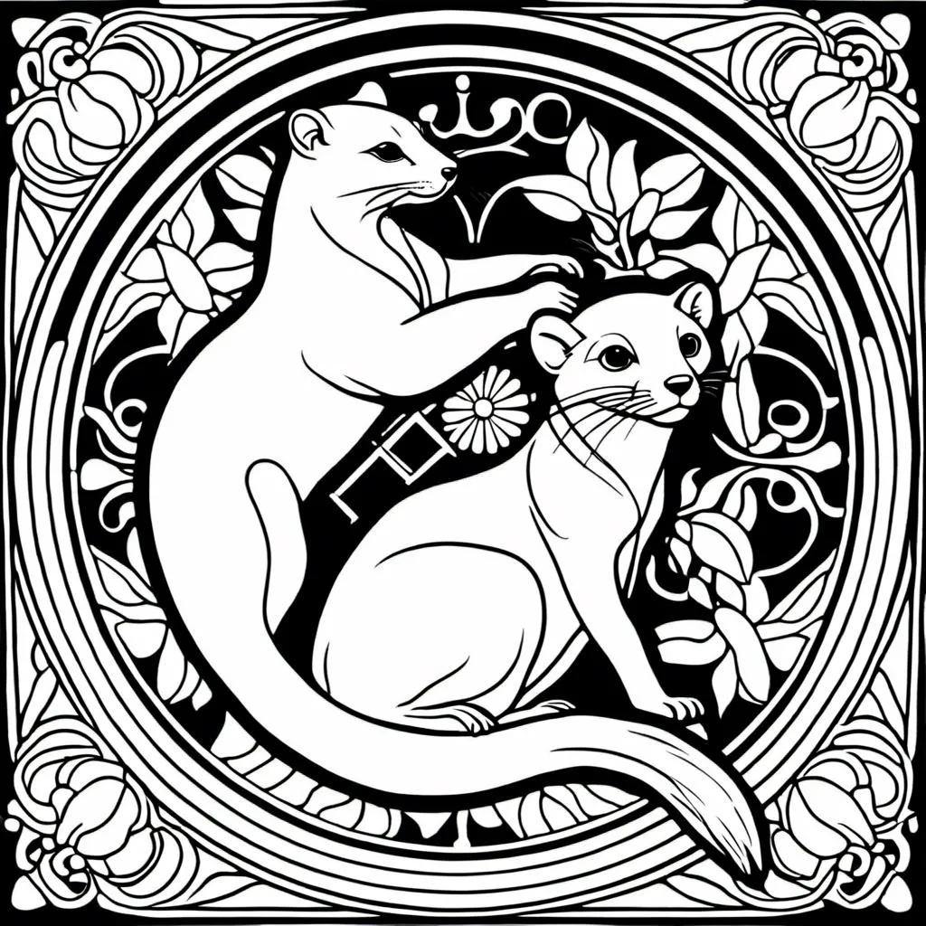 Prompt: A  weasel 

, a stunning Alphonse Mucha's vector graphics <mymodel> masterpiece in simple black and white coloring book art

, neat and clean composition of perfect geometrical shapes with sharp precisely stabilized lineart 

, neat and clear tangents ful of negative   space