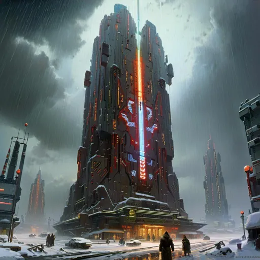 Prompt: A threatening sinister monolith 
full of multicolored circuitry carvings shedding flaring volumetric light shafts in the darkness of gloomy snowy thundra engulfed by a snowstorm 

, a stunning John Avon masterpiece in <mymodel> retro-futuristic sci-fi arc deco artstyle by Anders Zorn and Joseph Christian Leyendecker 

, neat and clear tangents full of negative space 

, ominous dramatic lighting with detailed shadows and highlights enhancing depth of perspective and 3D volumetric drawing

, colorful vibrant painting in HDR with shiny shimmering reflections
