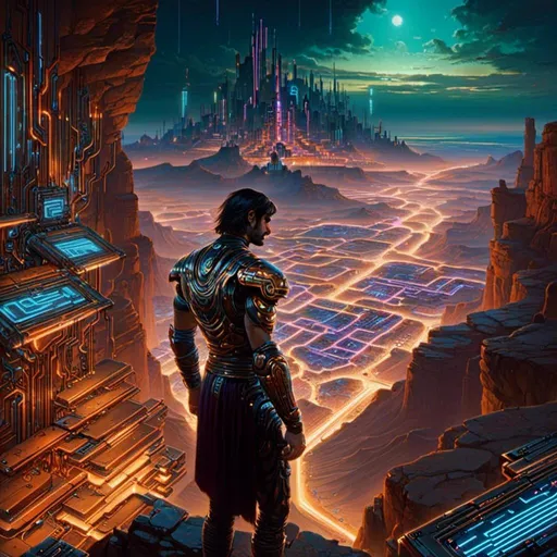 Prompt: A <mymodel> landscape artwork of the threatening  and somber prince of persia

crossing doomed badlands

full of multicolored neon circuit board patterns glowing in the darkness

, a stunning Donato Giancola's masterpiece in  sci-fi retro-futuristic art deco artstyle by Anders Zorn and Joseph Christian Leyendecker

, neat and clear tangents full of negative space 

, ominous dramatic lighting with detailed shadows and highlights enhancing depth of perspective and 3D volumetric drawing

, a  vibrant and colorful high quality digital  painting in HDR