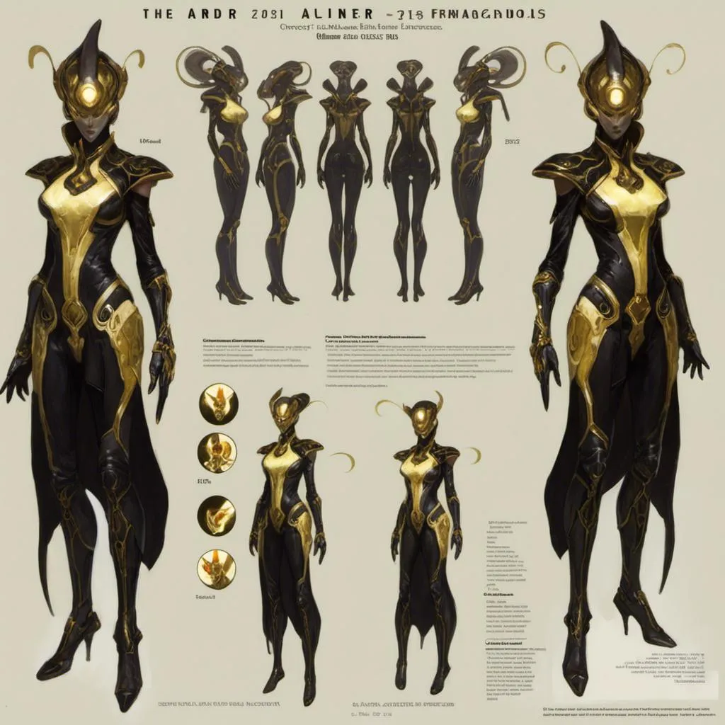 Prompt: A turnaround  reference sheet for the concept  character design of 

an ominous  and gloomy  <mymodel>  alien warframe glowing in the darkness

, a  stunning Peter Gric's sci-fi masterpiece by Anders  Zorn and Joseph Christian Leyendecker 

, neat and clear  tangents  full of negative space