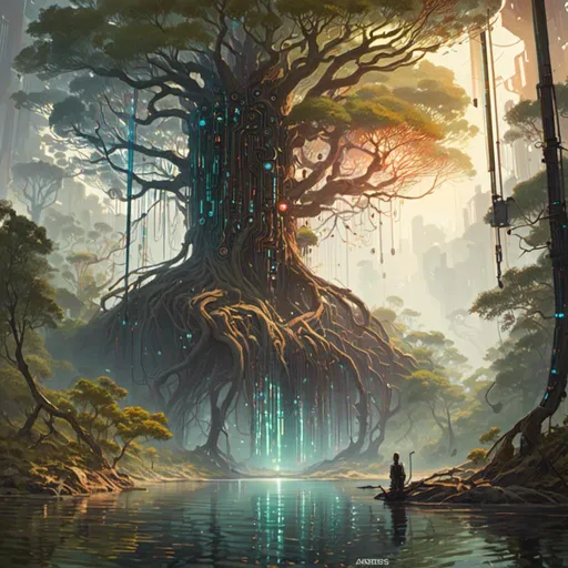 Prompt: A <mymodel> concept art landscape illustration of the threatening somber mangrove swamp with a towering willow tree fully carved by multicolored circuitry patterns shedding flaring volumetric light shafts throughout the darkness of a gloomy jungle full of hanging cables and hoses

, a stunning Alphonse mucha masterpiece in retro-futuristic sci-fi art deco artstyle by Anders Zorn and Joseph Christian Leyendecker 

, neat and clear tangents full of negative space 

, ominous dramatic lighting with detailed shadows and highlights enhancing depth of perspective and 3D volumetric drawing

, colorful vibrant painting in HDR with shiny shimmering reflections