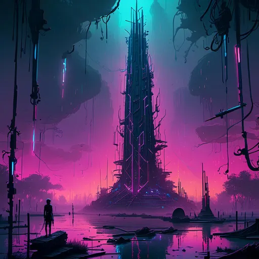 Prompt: An ominous and towering obelisk floating in the middle of a gloomy flooded mangroove 

full  of multicolored neon circuitry glowing in the darkness 

, a stunning John Avon's masterpiece in <mymodel>  sci-fi cyberpunk artstyle by Brian Mashburn and Gustave Dore

, a  dramatic lighting with detailed shadows and highlights enhancing perspective depth  and 3D volumetric drawing 

, vibrant and colorful digital painting in HDR  