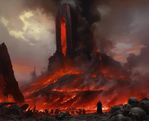 Prompt: The landscape concept environment art of a threatening somber gold and silver monolith in the middle of gloomy  lava field full of charred burning corpses with gory and bloody remains oozing everywhere


, a stunning Donato Giancola masterpiece in <mymodel> gothic sci-fi artstyle by Anders Zorn and Joseph Christian Leyendecker 

, neat and clear tangents full of negative space 

, ominous dramatic lighting with detailed shadows and highlights enhancing depth of perspective and 3D volumetric drawing

, colorful vibrant painting in HDR