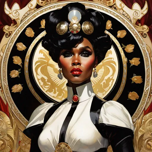 Prompt: A beautiful close-up portrait 

of the curvy and lustful Janelle Monae 

dressed  as a  ominous fierceful valkyrie


, a stunning Alphonse Mucha's masterpiece in <mymodel> barroque rococo artstyle by Anders Zorn and Joseph Christian Leyendecker

, neat and clear tangents full of negative space 

, a dramatic lighting with detailed shadows and highlights enhancing depth of perspective and 3D volumetric drawing

, a  vibrant and colorful high quality digital  painting in HDR
