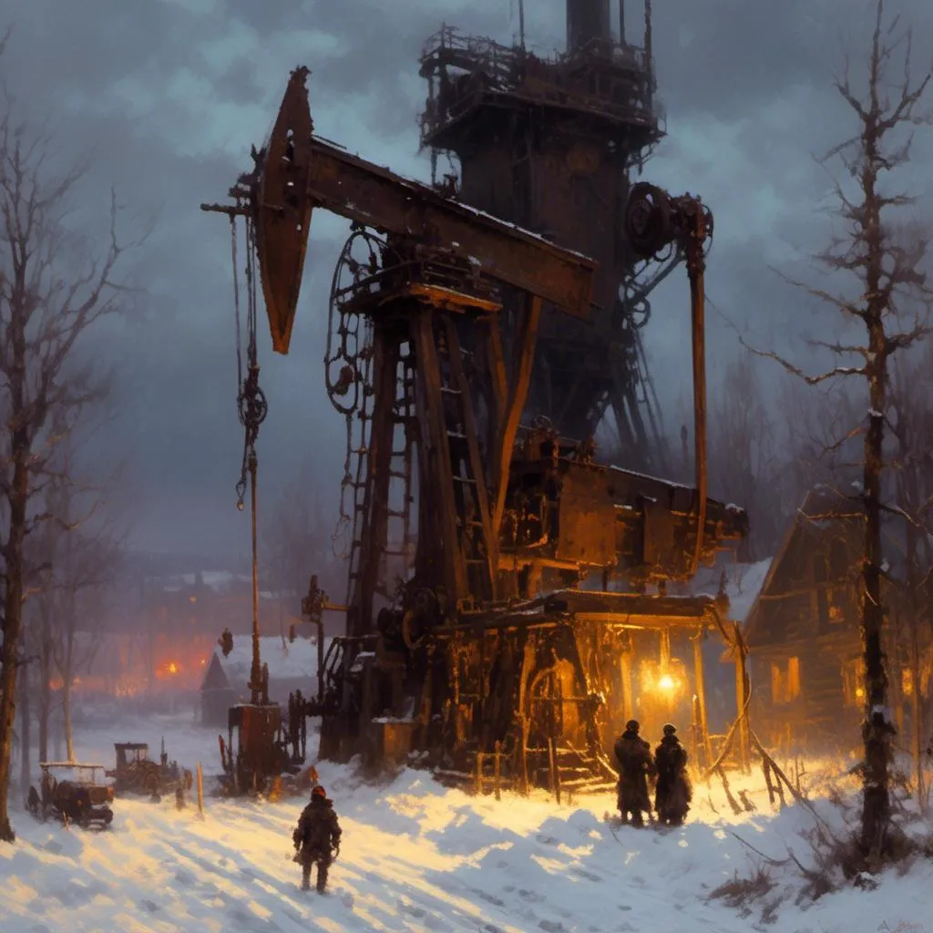 Prompt: A <mymodel> landscape picture 

of an ominous and gloomy 
oil pump station

glowing  in the darkness of  a doomed snowy thundra

, a stunning Donato Giancola's masterpiece by Anders Zorn and  Joseph Christian Leyendecker