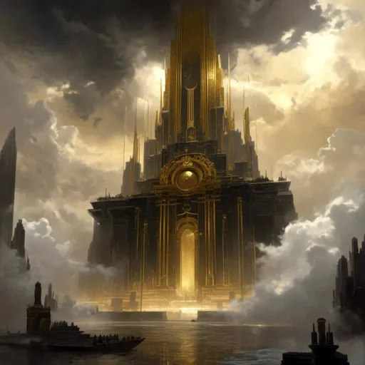 Prompt: A <mymodel> a concept environment art landscape  

of a gloomy and somber 
floating city above the clouds

with a lustrous towering monolith ark 

made of black marble and  golden ornaments 

with it's reflections shedding flaring volumetric light shafts throughout the darkness 

of a threatening sinister heavenly sky battlefield engulfed by a lightning rainstorm

, a stunning Alphonse Mucha masterpiece in delicate barroque rococo artstyle by Anders Zorn and Joseph Christian Leyendecker 

, neat and clear tangents full of negative space 

, ominous dramatic lighting with detailed shadows and highlights enhancing depth of perspective and 3D volumetric drawing

, colorful vibrant painting in HDR with shiny shimmering reflections