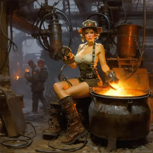 Prompt: An ominous and gloomy 

atompunk blacksmith pin-up
lit by her molten  metal cauldron glowing in the darkness 

of a doomed metal casting  furnace full of hanging hoses and cables

, a stunning Donato Giancola's masterpiece in <mymodel> sci-fi retro-futuristic  art deco artstyle by Anders Zorn and Joseph Christian Leyendecker

, neat and clear tangents full of negative space 

, a dramatic lighting with detailed shadows and highlights enhancing depth of perspective and 3D volumetric drawing

, a  vibrant and colorful high quality digital  painting in HDR