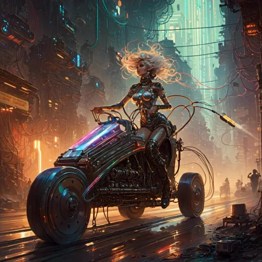 Prompt: A <mymodel> concept art illustration of a threatening somber dragster fully carved by multicolored circuitry patterns shedding flaring volumetric light shafts throughout the darkness of a gloomy wasteland metropolis  full of scattered cables and hoses

, a stunning Alphonse mucha masterpiece in retro-futuristic sci-fi art deco artstyle by Anders Zorn and Joseph Christian Leyendecker 

, neat and clear tangents full of negative space 

, ominous dramatic lighting with detailed shadows and highlights enhancing depth of perspective and 3D volumetric drawing

, colorful vibrant painting in HDR with shiny shimmering reflections