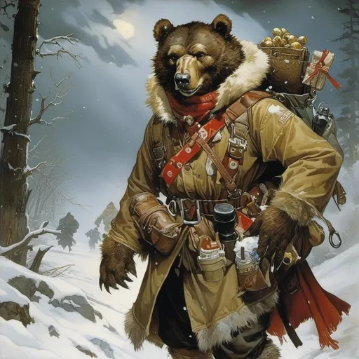 Prompt: A medieval anthropomorphic  werebear 

wearing an artic explorer outfit  with adventuring gear full of pockets and harness holster belts

in the middle  of a  snowstorm

, a stunning Alphonse Mucha's masterpiece in <mymodel> sci-fi fantasy  artstyle by Anders Zorn and Joseph Christian Leyendecker

, neat and clear tangents full of negative space 

, a dramatic lighting with detailed shadows and highlights enhancing depth of perspective and 3D volumetric drawing

, a  vibrant and colorful high quality digital  painting in HDR