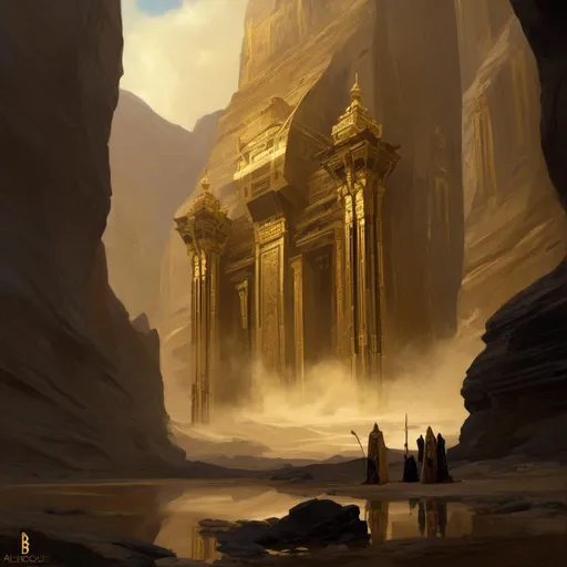 Prompt: A <mymodel> a concept environment art landscape  

of a gloomy and somber 
canyon

with a towering monolith ark 

made of black marble and  golden lustrous ornaments 

with it's reflections shedding flaring volumetric light shafts throughout the darkness 

of threatening sinister wasteland dunes engulfed by a sandstorm

, a stunning Alphonse Mucha masterpiece in delicate barroque rococo artstyle by Anders Zorn and Joseph Christian Leyendecker 

, neat and clear tangents full of negative space 

, ominous dramatic lighting with detailed shadows and highlights enhancing depth of perspective and 3D volumetric drawing

, colorful vibrant painting in HDR with shiny shimmering reflections