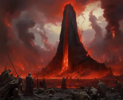 Prompt: The landscape concept environment art of a threatening somber gold and silver monolith in the middle of gloomy  lava field full of charred burning corpses with gory and bloody remains oozing everywhere


, a stunning Donato Giancola masterpiece in <mymodel> gothic sci-fi artstyle by Anders Zorn and Joseph Christian Leyendecker 

, neat and clear tangents full of negative space 

, ominous dramatic lighting with detailed shadows and highlights enhancing depth of perspective and 3D volumetric drawing

, colorful vibrant painting in HDR