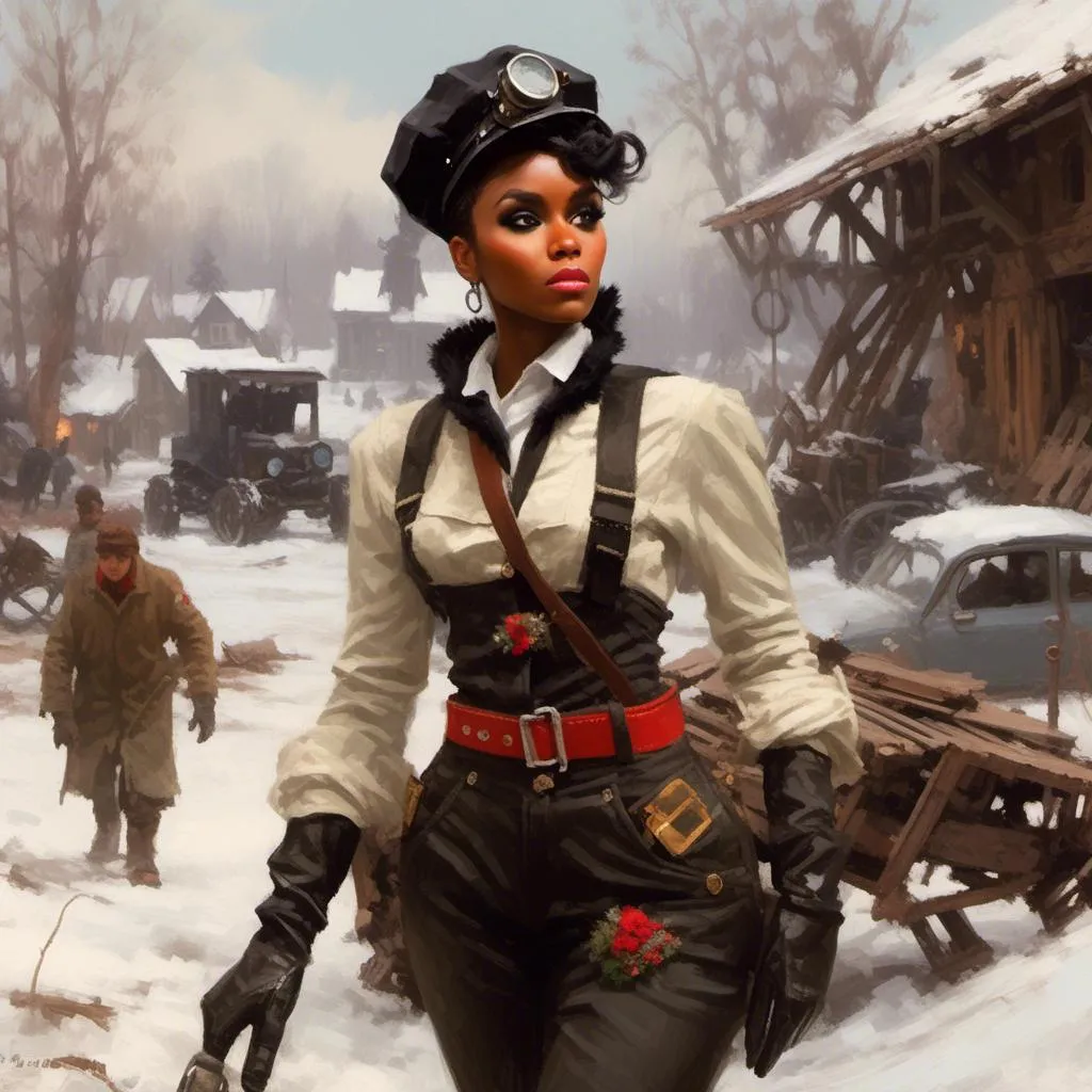 Prompt: A beutiful portrait of Janelle Monae dressed as a mechanic tinkerer crossing a  snowy junkyard

in <mymodel> artstyle

, a stunning Donato Giancola's masterpiece by Anders Zorn and  Joseph Christian Leyendecker