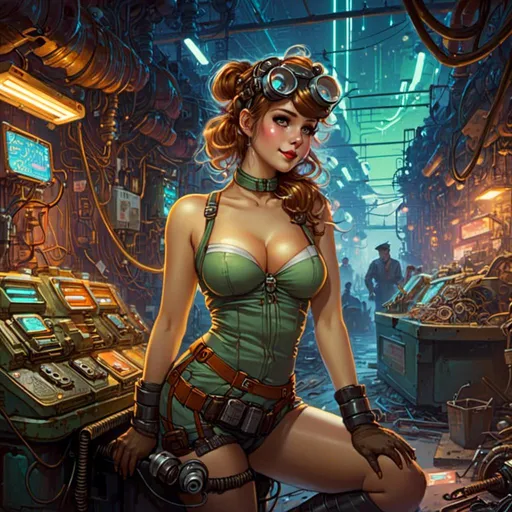 Prompt: A <mymodel> landscape artwork of a curvy and lustful 

pin-up dressed  as a mechanic tinkerer in the middle  
of a gloomy junkyard

full of multicolored neon circuit board patterns glowing in the darkness

, a stunning Alphonse Mucha's masterpiece in  sci-fi retro-futuristic art deco artstyle by Anders Zorn and Joseph Christian Leyendecker

, neat and clear tangents full of negative space 

, ominous dramatic lighting with detailed shadows and highlights enhancing depth of perspective and 3D volumetric drawing

, a  vibrant and colorful high quality digital  painting in HDR