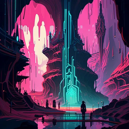 Prompt: An ominous and gloomy 

hamlet
in the  middle of a doomed cave

full of stalactites and stalagmites

full of hanging hoses and multicolored neon circuitry glowing in the  darkness

, a stunning Alphonse Mucha's masterpiece in <mymodel> sci-fi retro-futuristic  atompink art deco vintage artstyle by Anders Zorn and Joseph Christian Leyendecker

, neat and clear tangents full of negative space 

, a dramatic lighting with detailed shadows and highlights enhancing depth of perspective and 3D volumetric drawing

, a  vibrant and colorful high quality digital  painting in HDR