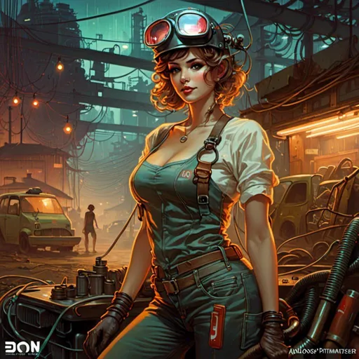 Prompt: A <mymodel> landscape artwork of an ominous and gloomy 

pin-up dressed  as a  mechanic welder in the middle  
of a doomed junkyard

full of hanging hoses and  multicolored neon circuit board patterns glowing in the darkness

, a stunning Alphonse Mucha's masterpiece in  sci-fi retro-futuristic art deco artstyle by Anders Zorn and Joseph Christian Leyendecker

, neat and clear tangents full of negative space 

, a dramatic lighting with detailed shadows and highlights enhancing depth of perspective and 3D volumetric drawing

, a  vibrant and colorful high quality digital  painting in HDR