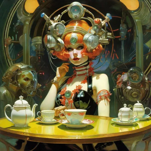 Prompt: An ominous and gloomy 

Atompunk doll
in the  middle of a doomed tea party

full of scattered hoses and multicolored neon circuitry glowing in the  darkness

, a stunning Alphonse Mucha's masterpiece in <mymodel> sci-fi retro-futuristic  art deco artstyle by Anders Zorn and Joseph Christian Leyendecker

, neat and clear tangents full of negative space 

, a dramatic lighting with detailed shadows and highlights enhancing depth of perspective and 3D volumetric drawing

, a  vibrant and colorful high quality digital  painting in HDR